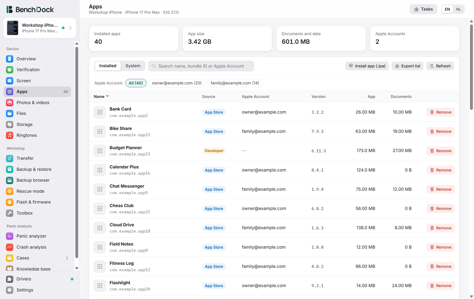 The app list with icons, source, Apple Account, version and sizes