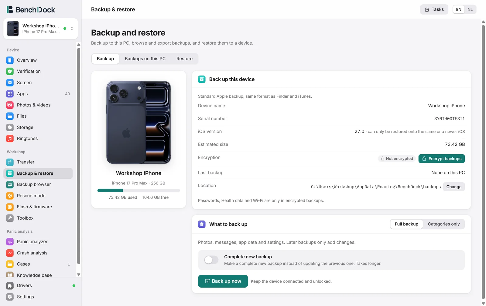 The backup page with the device, the backup settings and the choice between a full backup and categories