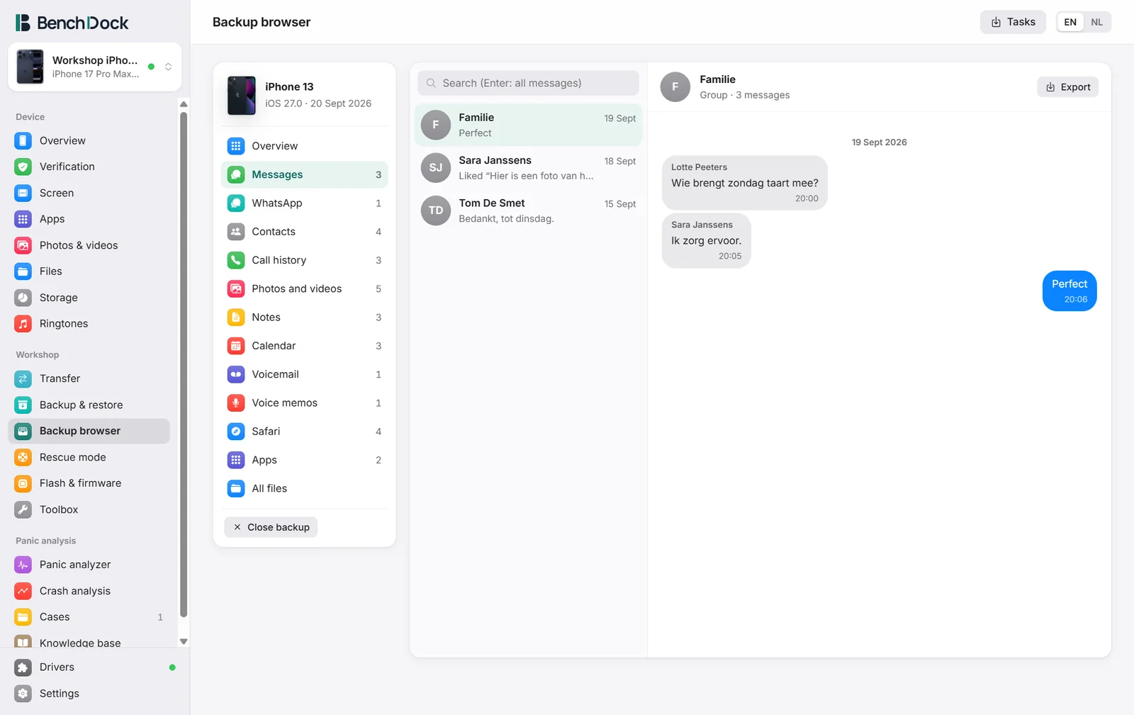 The backup browser showing a group conversation from an iPhone backup