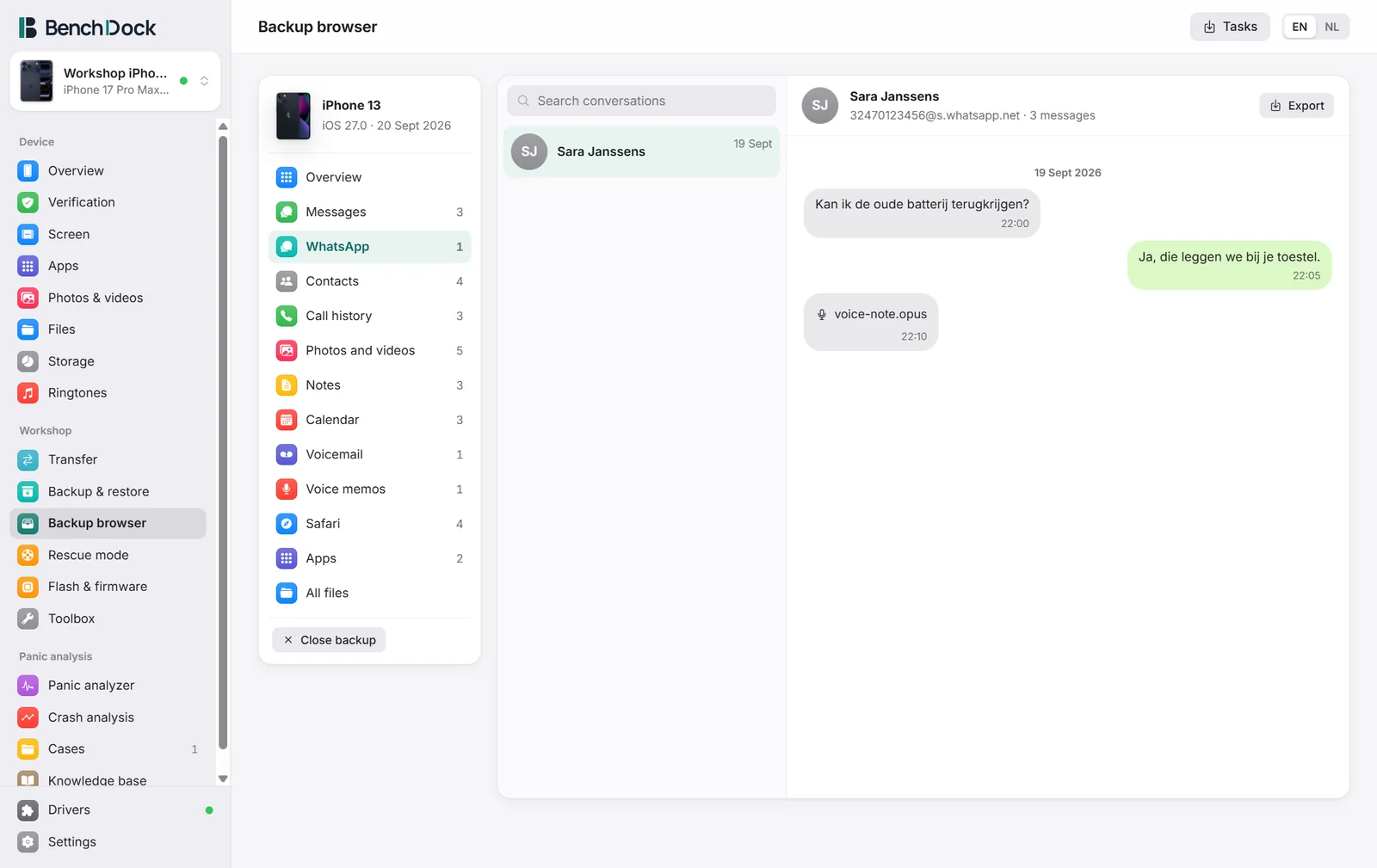 WhatsApp chats in the backup browser