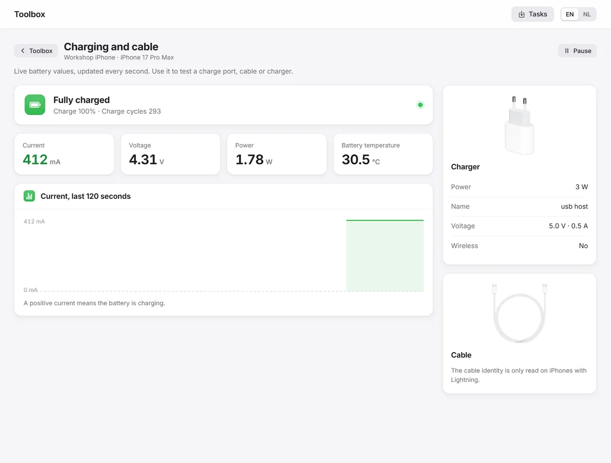 Live charging current, voltage and power