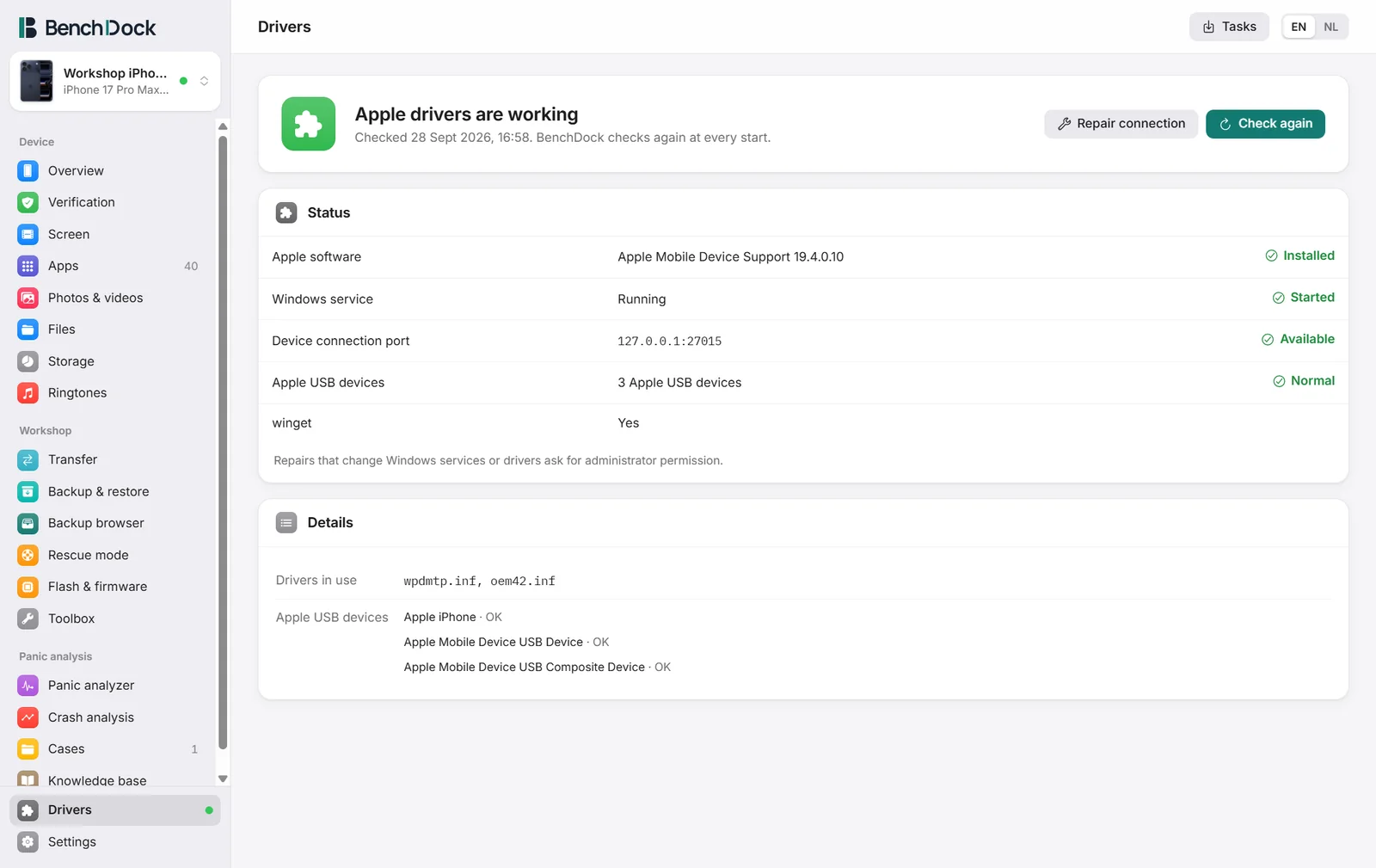 The Drivers page with the status of the Apple software, the service, the port and the USB devices