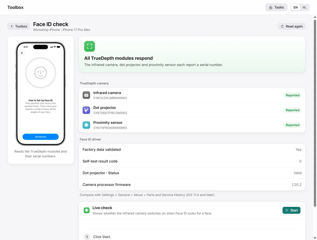 Face ID check listing the TrueDepth modules