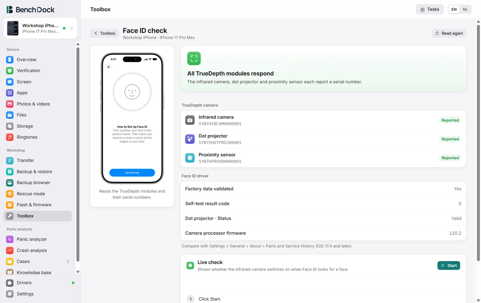 The Face ID check with the three TrueDepth modules and their serial numbers