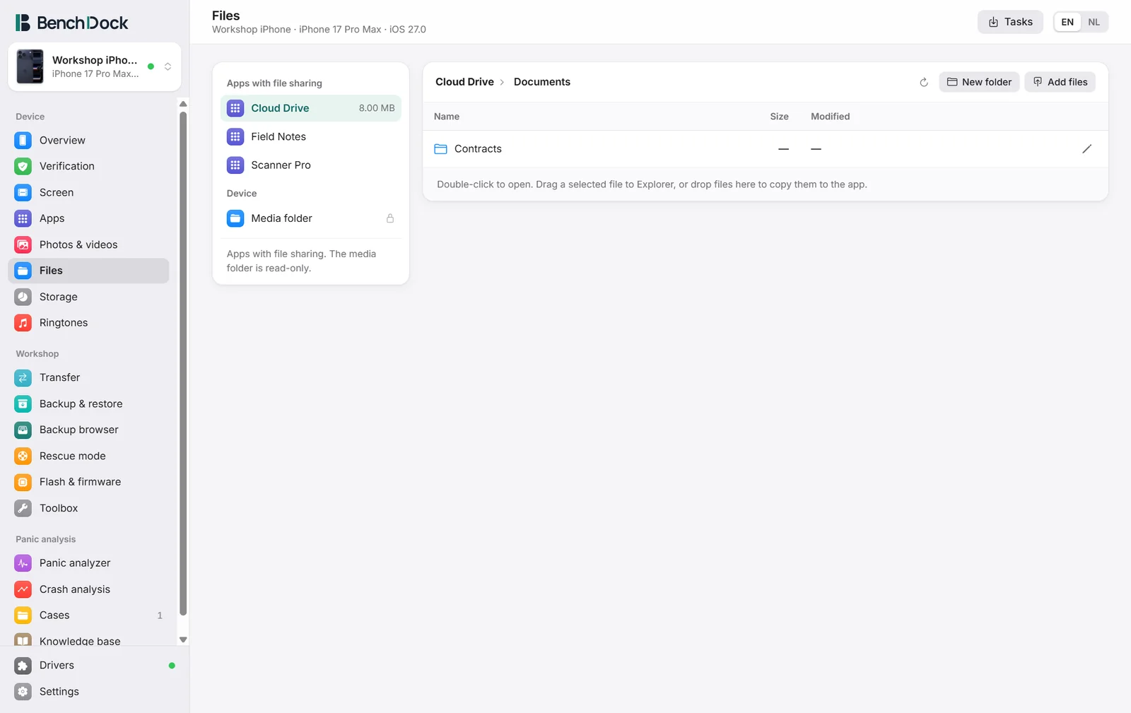 The file manager with apps that share documents on the left and the files of the chosen app on the right
