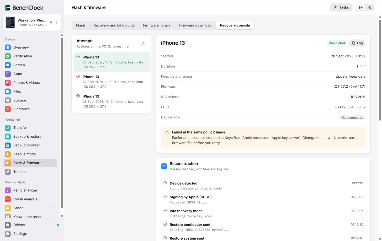 The recovery console with three restore attempts on the same iPhone