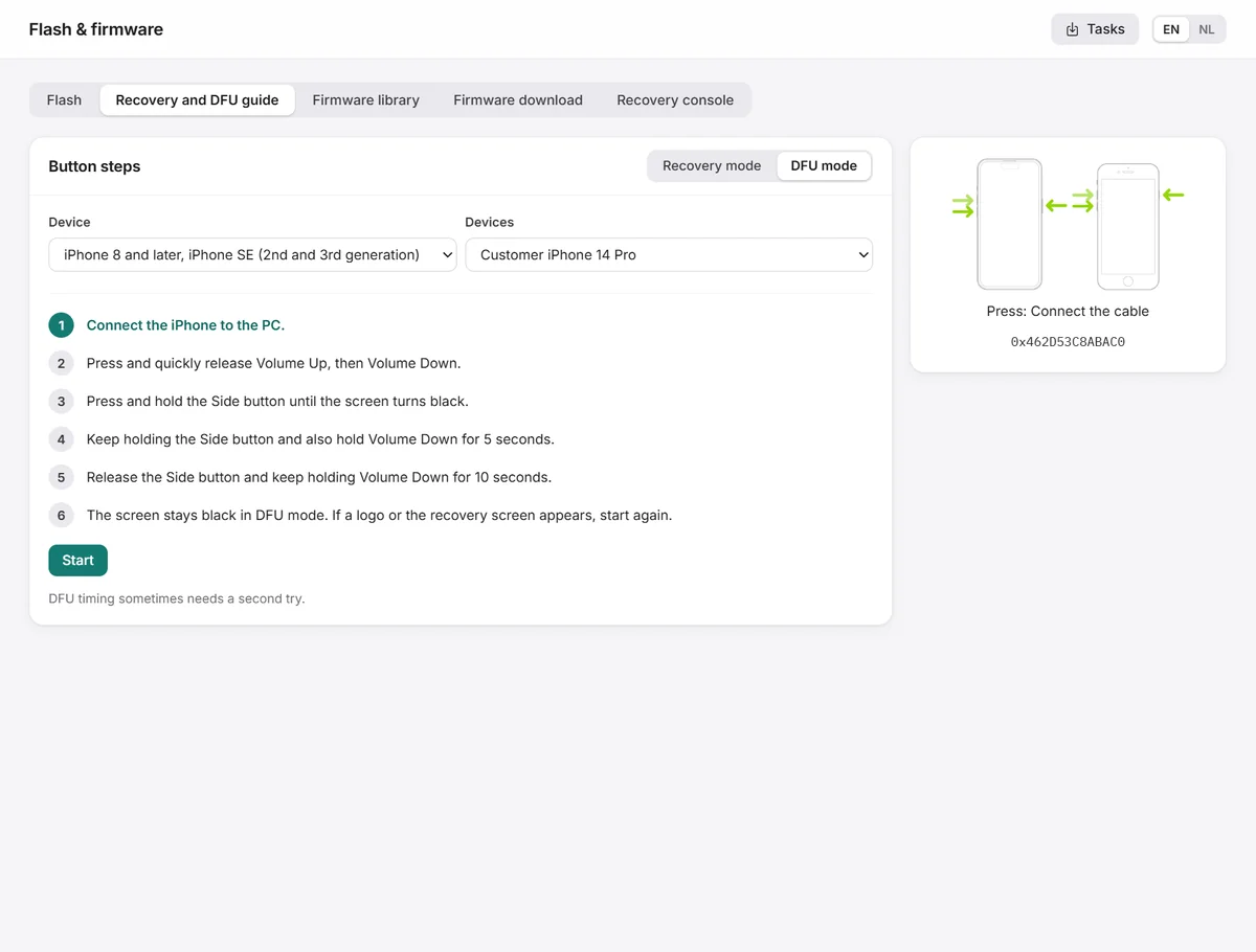 Recovery and DFU guide with the button steps for the model