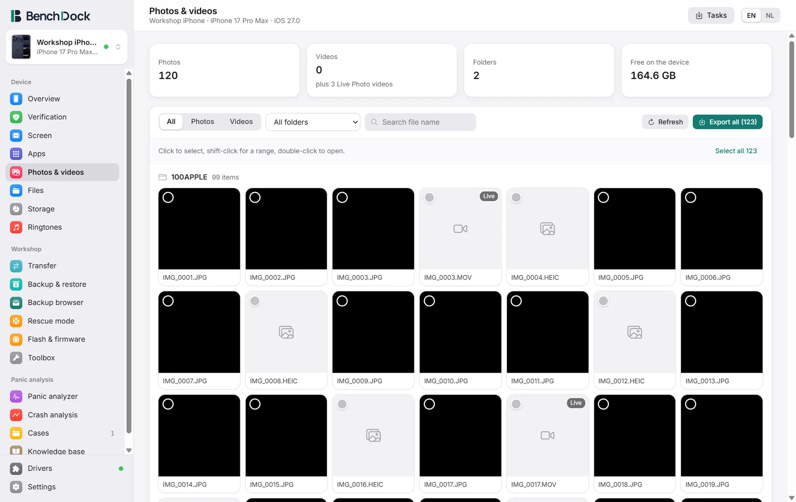 The camera roll of a connected iPhone, grouped by folder