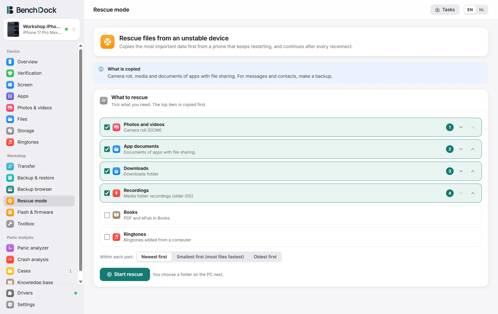 Rescue mode with categories in priority order