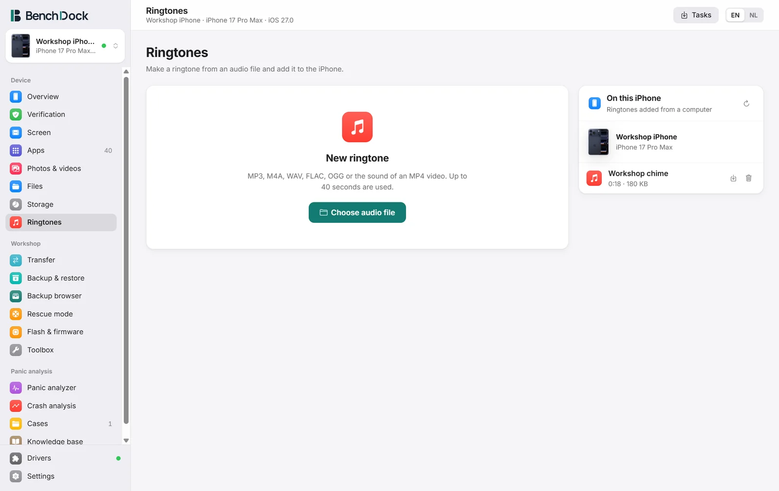 The ringtone maker with the waveform and the selected fragment