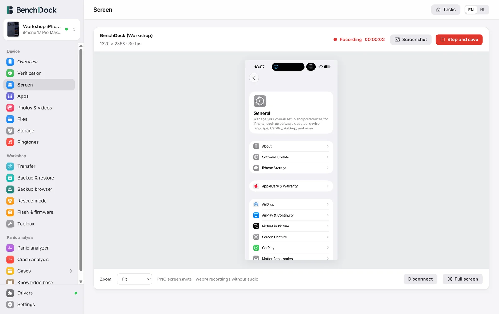 The Screen page during recording with the red indicator, elapsed time and Stop and save button