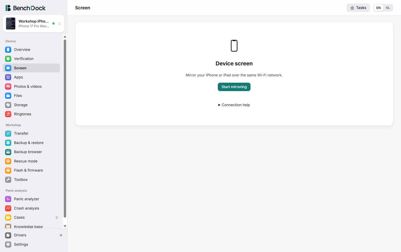 The Device screen start page with Start mirroring and Connection help