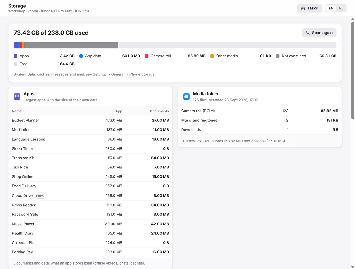 Storage explorer with apps, media folder and largest files