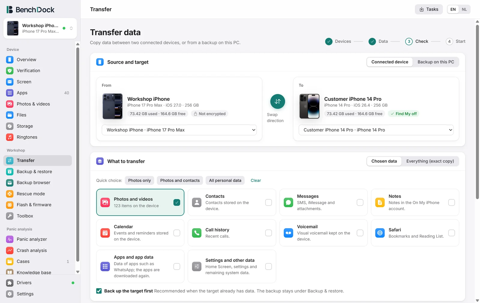 The transfer page with source and target, the data to transfer and the checks
