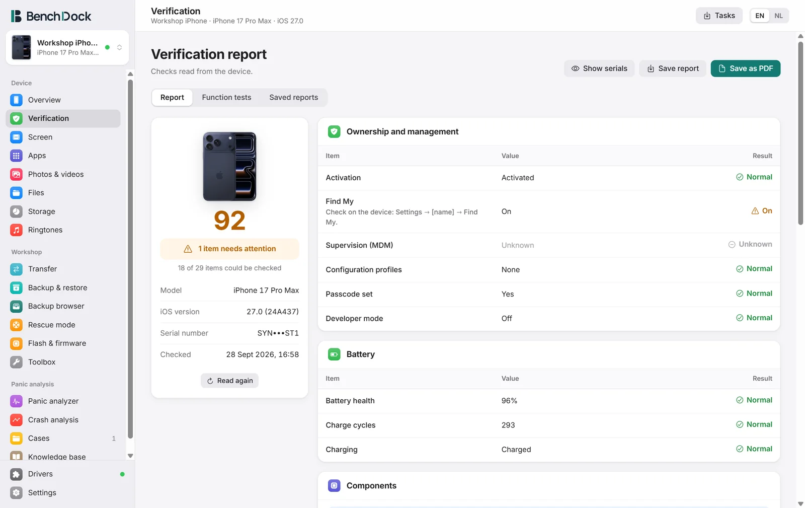 The verification report with the score, ownership and management, and the battery checks