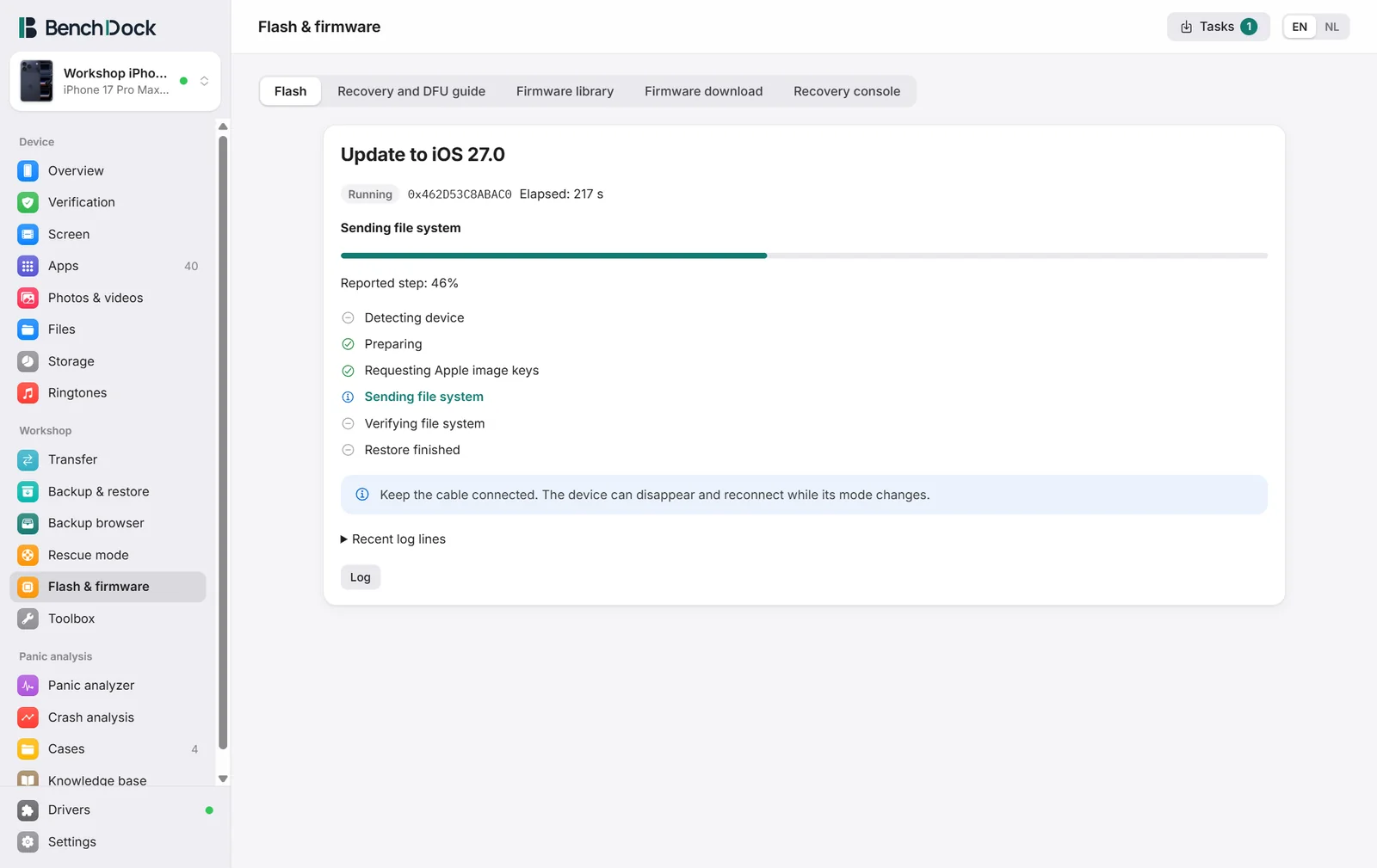 The progress panel of a running update