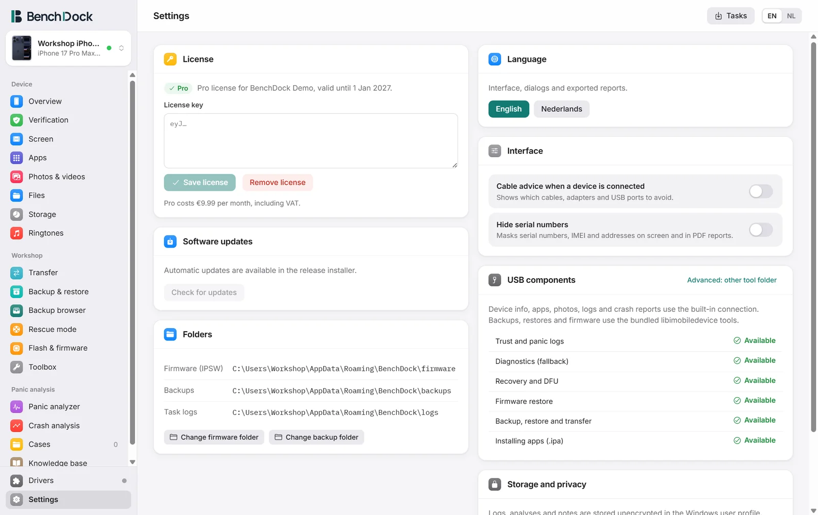 The settings page with the licence, folders, language and interface options