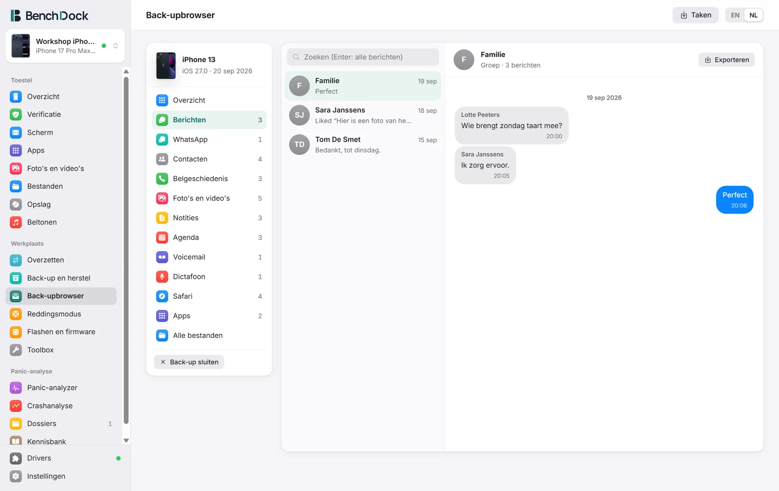 De back-upbrowser met een groepsgesprek uit een iPhone-back-up