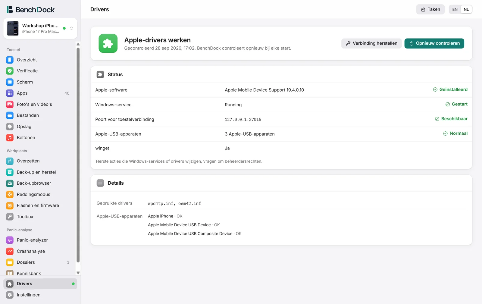 De pagina Drivers met de status van de Apple-software, de service, de poort en de USB-apparaten