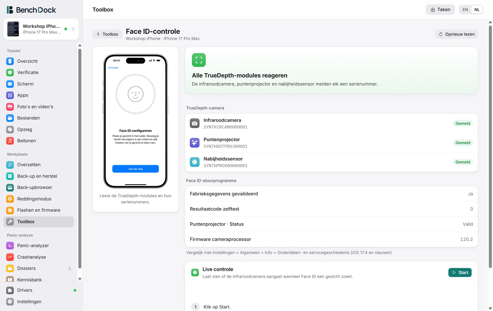 De Face ID-controle met de drie TrueDepth-modules en hun serienummers