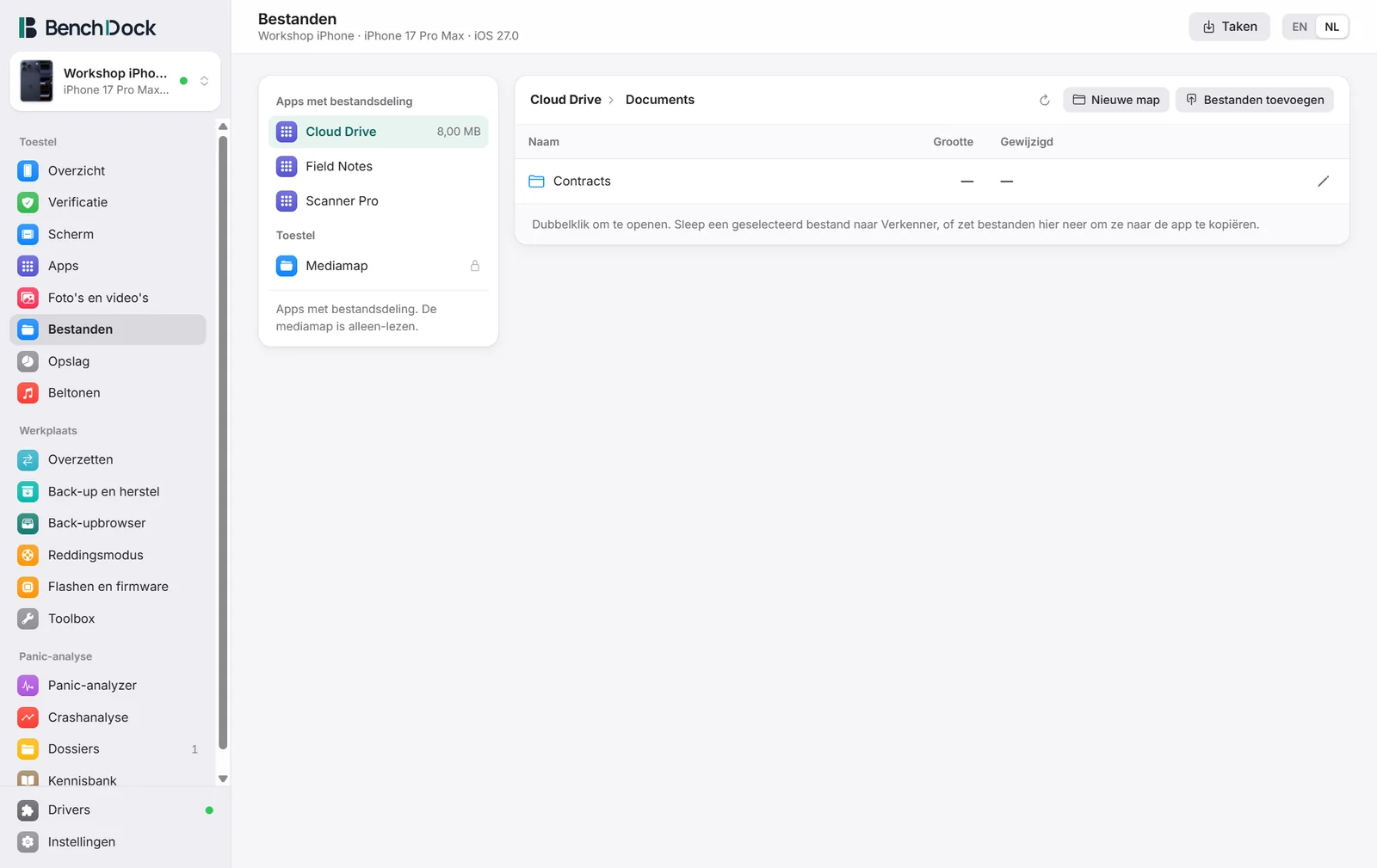 Het bestandsbeheer met links de apps die documenten delen en rechts de bestanden van de gekozen app
