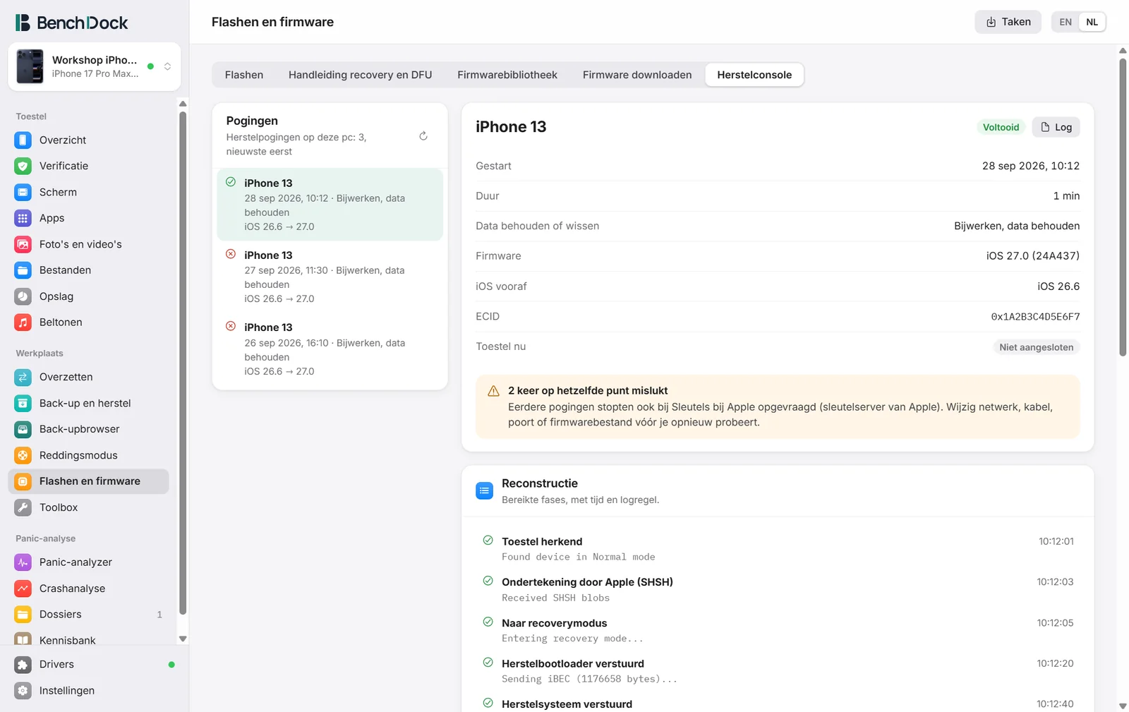 De herstelconsole met drie herstelpogingen op dezelfde iPhone