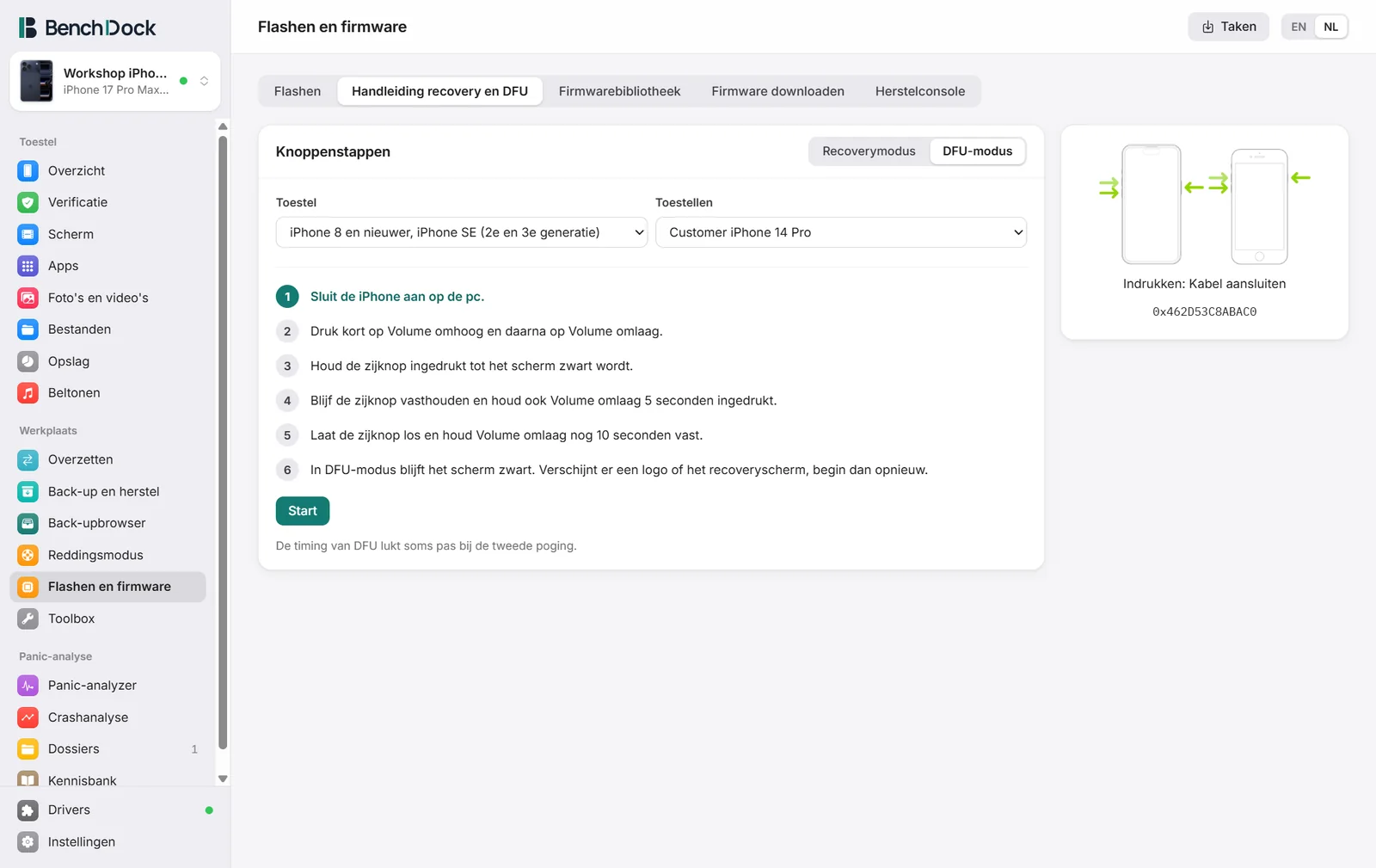 De handleiding recovery en DFU met de stappen voor iPhone 8 en nieuwer