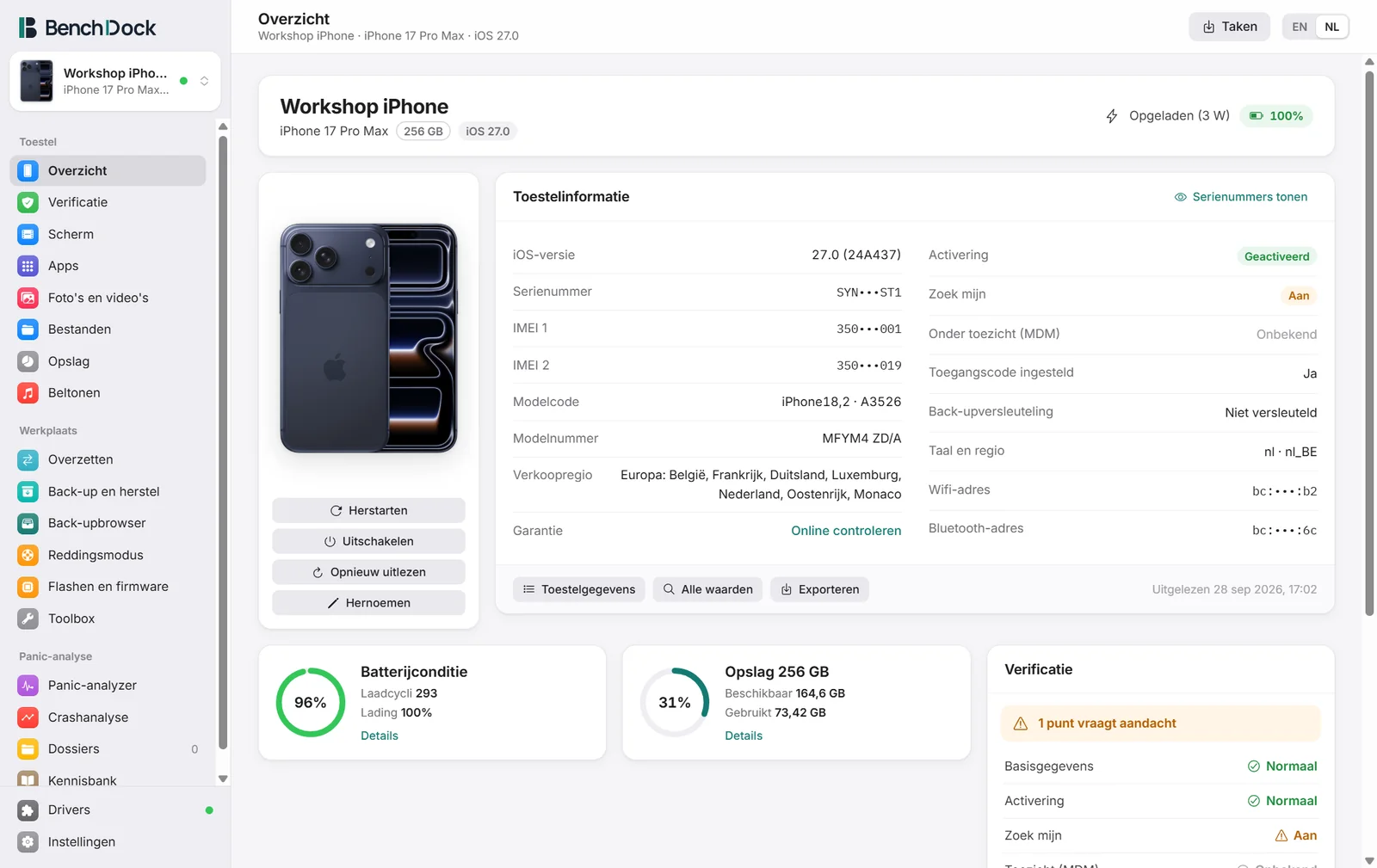Het toesteloverzicht met de telefoon, de toestelinformatie, batterijconditie, opslag en verificatie