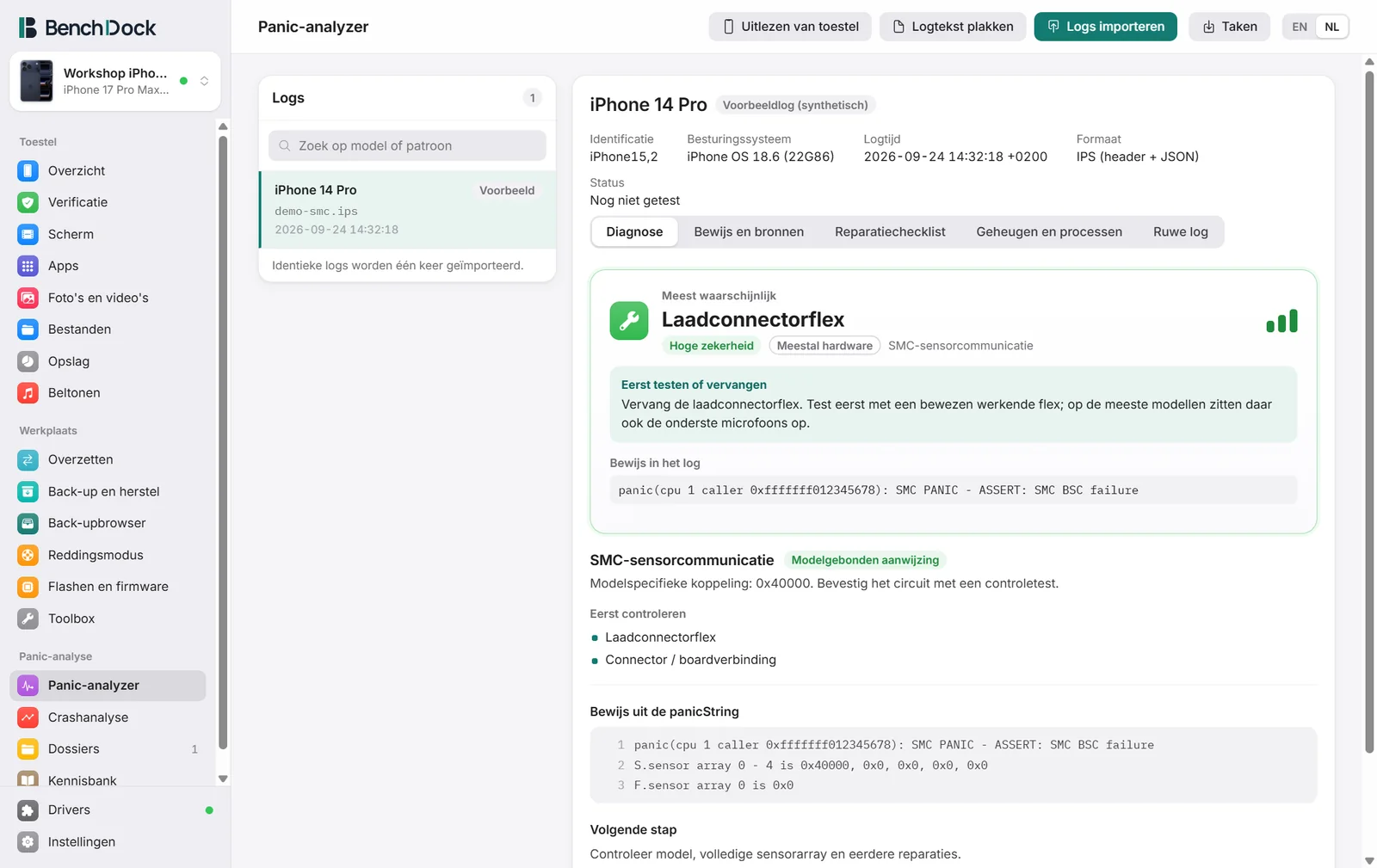 De panic-analyzer met links de lijst met logs en rechts de diagnose