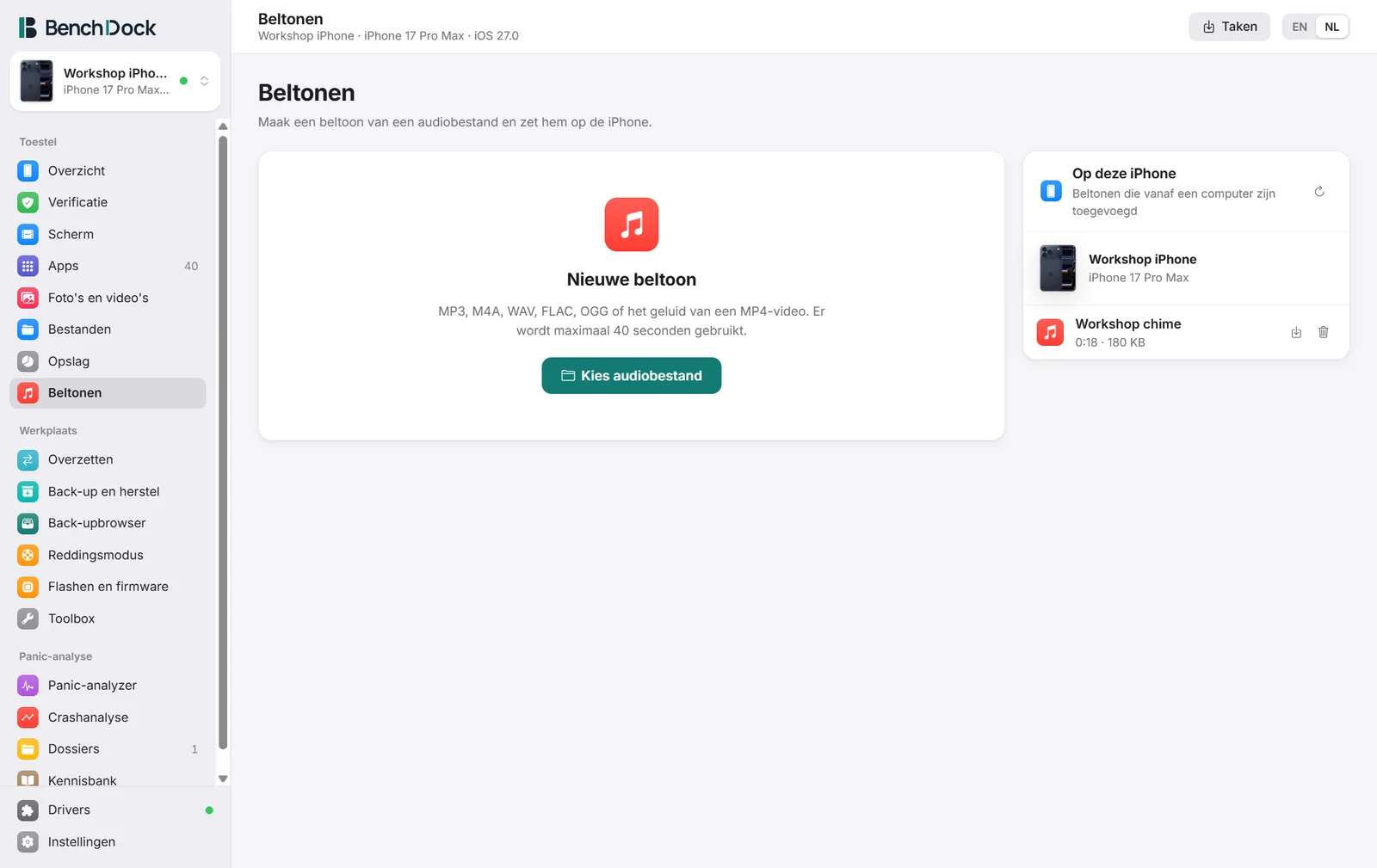 Het maken van een beltoon met de golfvorm en het gekozen fragment