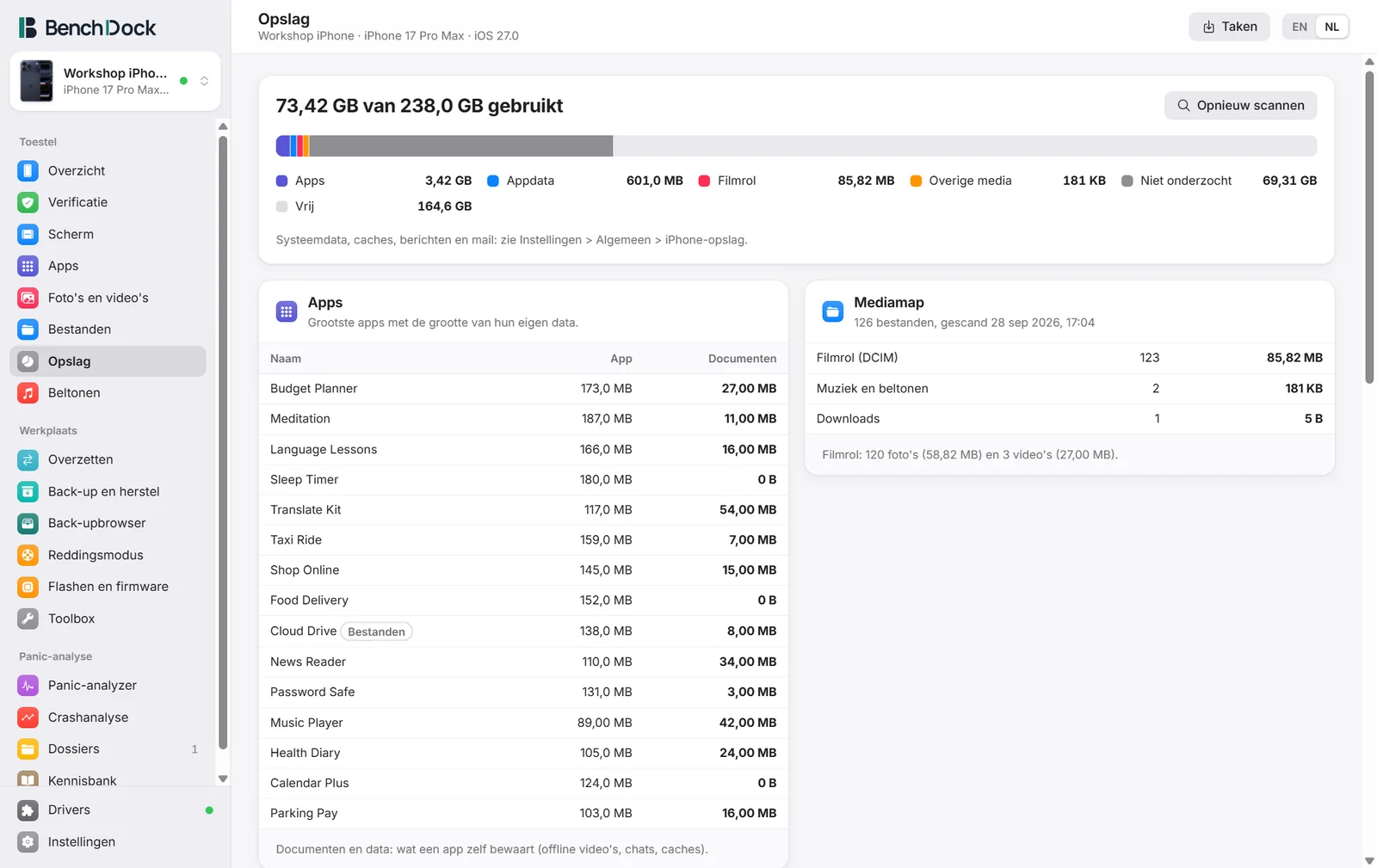 De opslagpagina met de verdeelbalk, de grootste apps en de mediamap