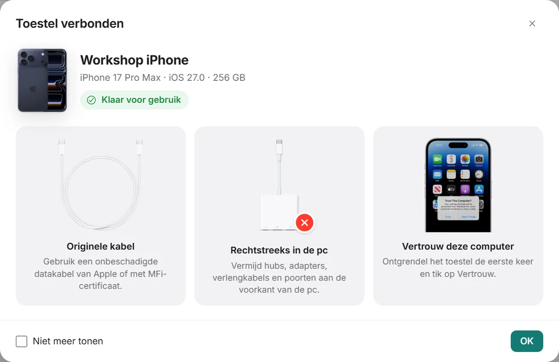 Het venster Toestel verbonden met de verbindingsstatus en de drie kabeltips