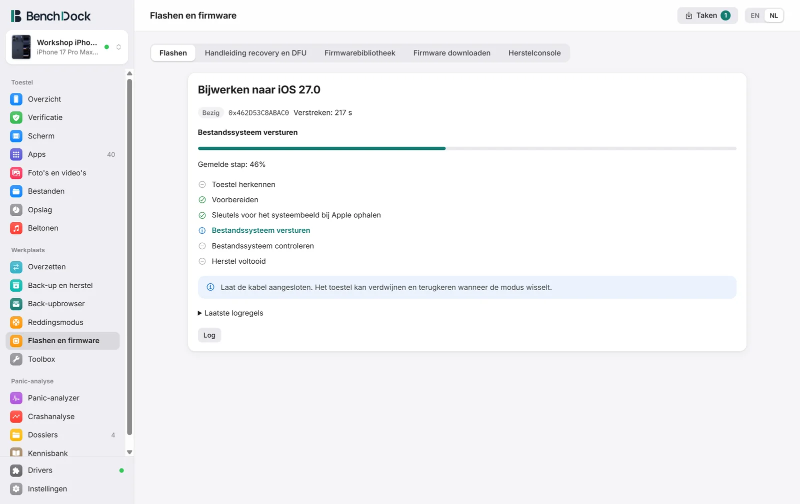 Het voortgangspaneel van een lopende update