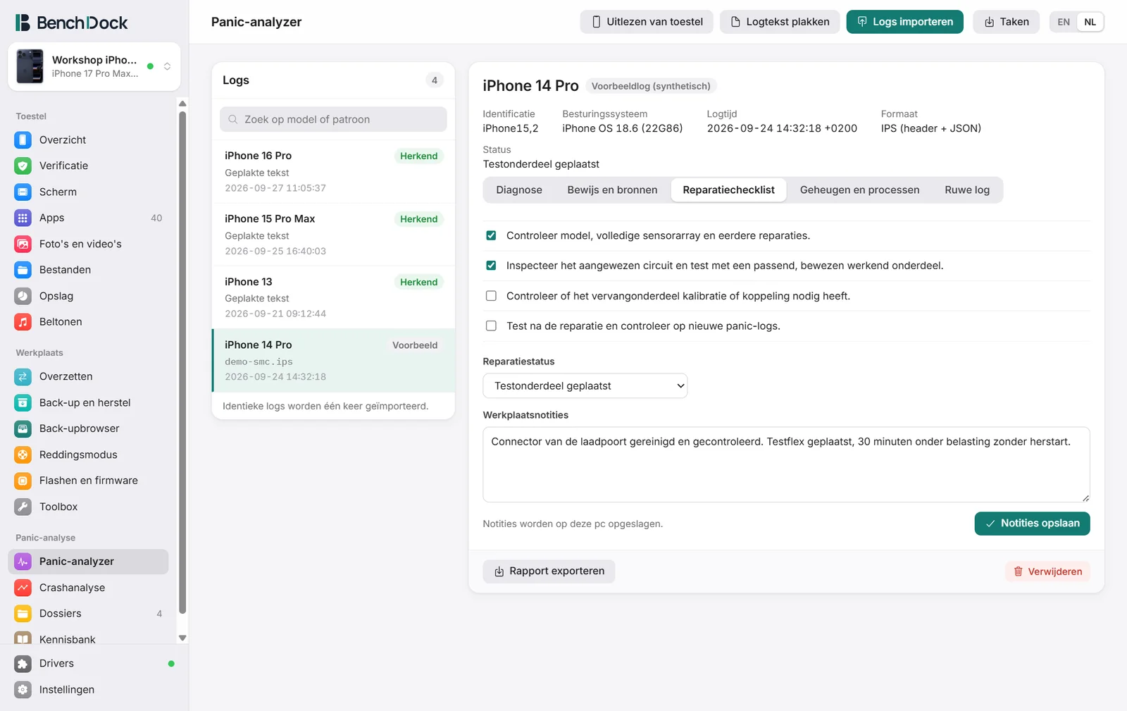De reparatiechecklist van een dossier met de status en de werkplaatsnotities