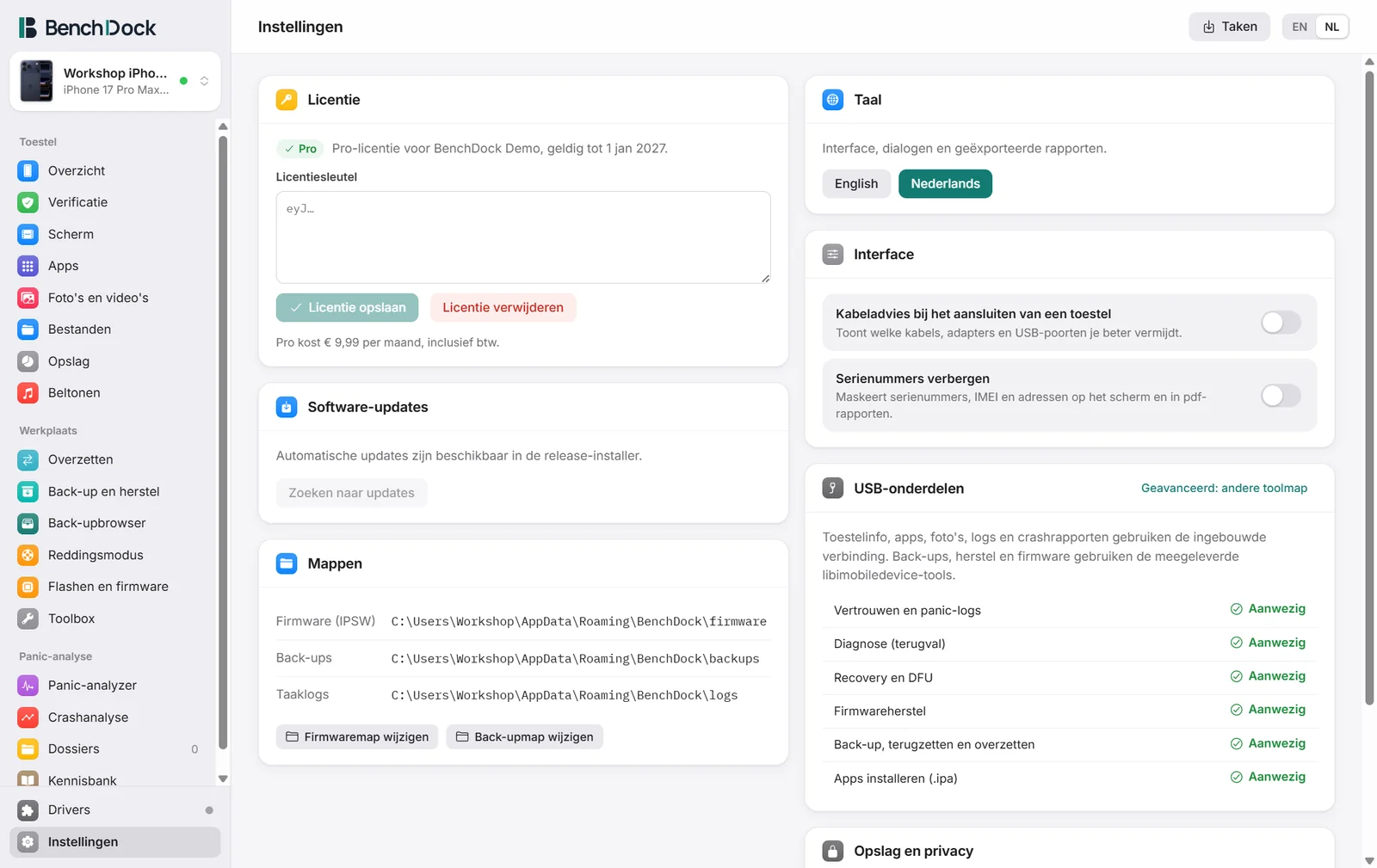 De pagina Instellingen met licentie, mappen, taal en interface